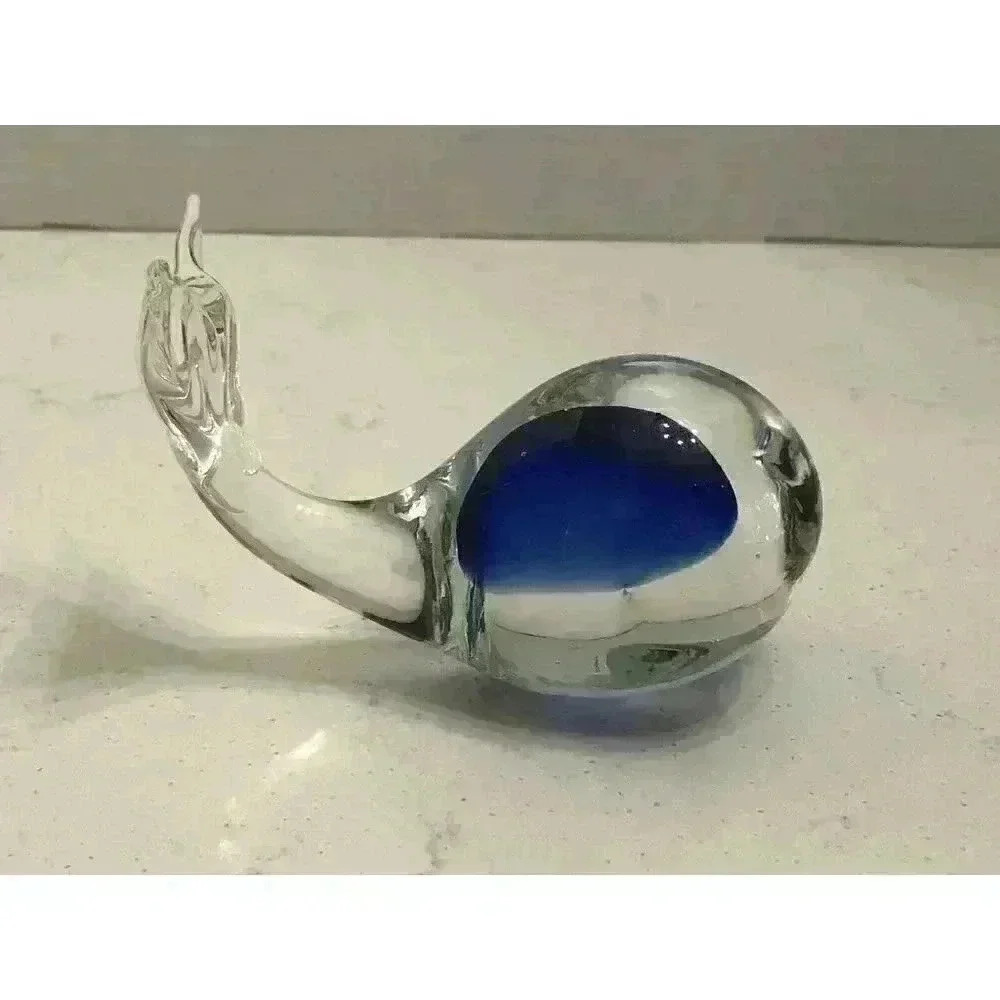 Hand Blown Art Glass Whale Figurine Cobalt Blue Clear Paperweight 14oz Coastal